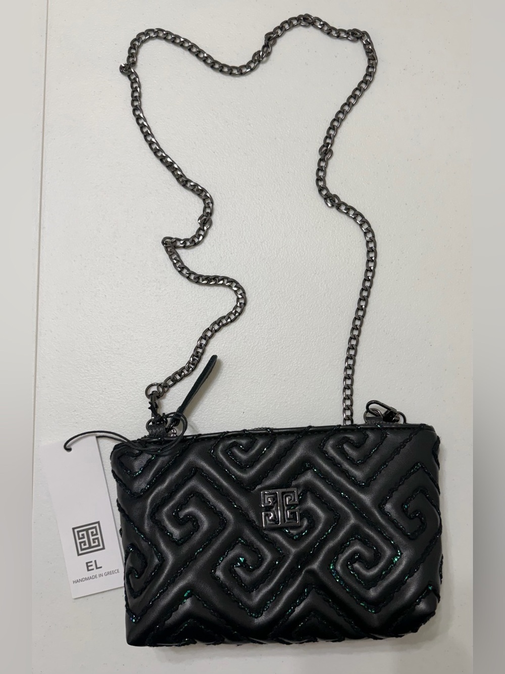 EL The Light Of Greece Black Quilted Leather Crossbody Bag Clutch NWT